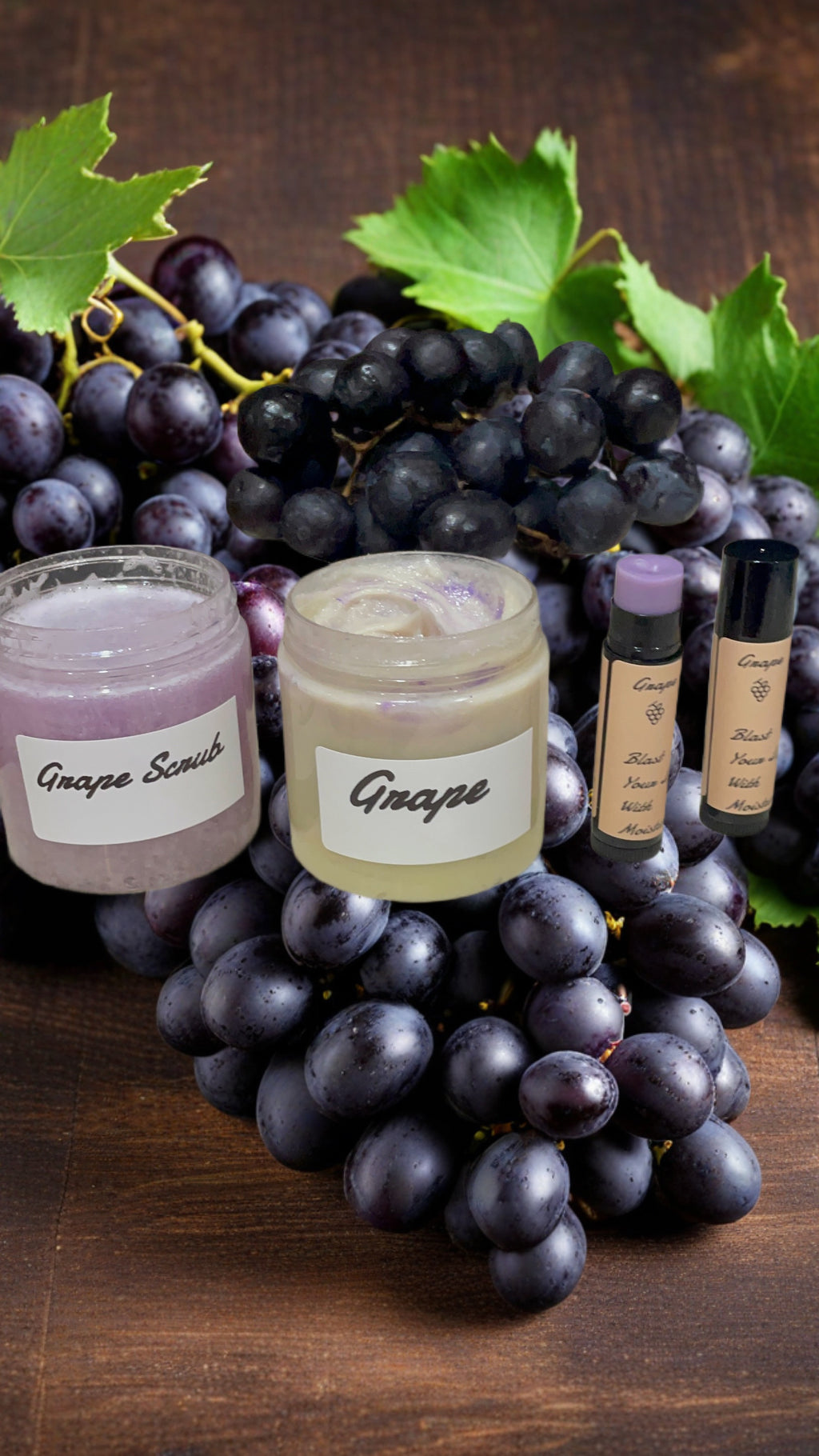 Grape Body and Hair Moisturizer, Body-Scrub, and Chapstick