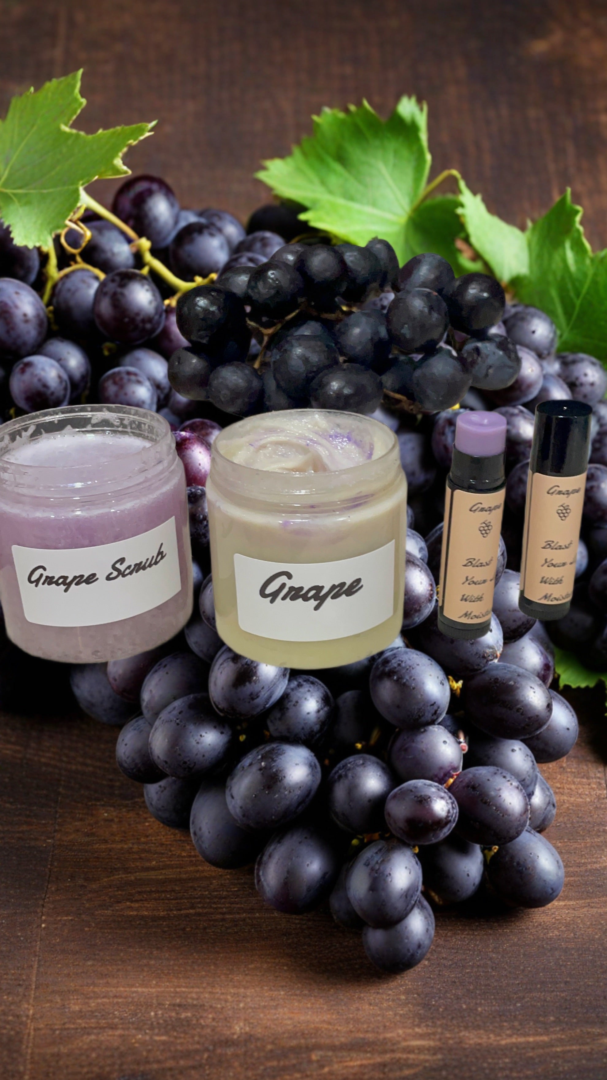 Grape Body and Hair Moisturizer, Body-Scrub, and Chapstick